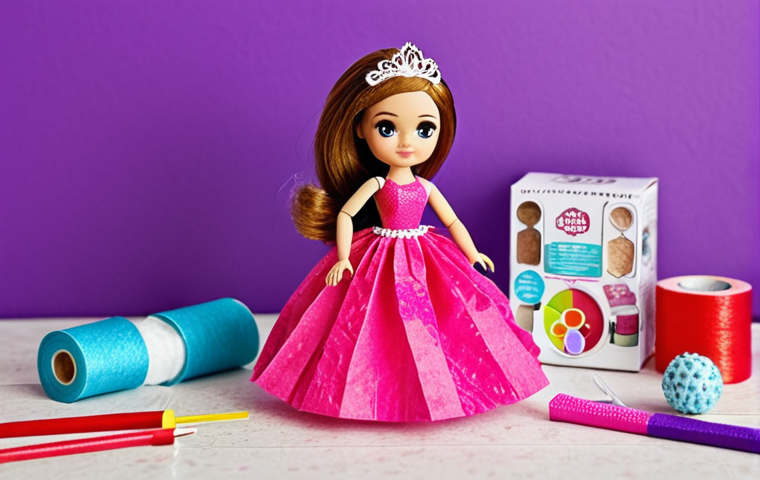**
DIY LOL Surprise fashion studio. Close-up on miniature ball gown made from paper tissues and scotch tape, displayed on a LOL doll. Background: craft supplies (fabric scraps, beads, glitter), child's hands blurred in motion. Focus on creativity and handmade aspect.
**