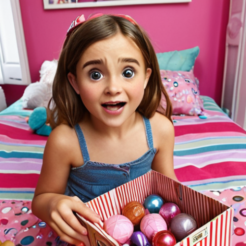 Home 6 **
"A young French girl excitedly unboxing a LOL Surprise doll. The doll is partially revealed, surrounded by layers of colorful wrapping and miniature accessories. The background shows a typical French child's bedroom, filled with other toys and decorations."
**