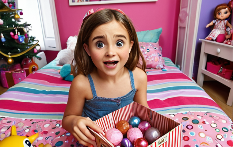 **
"A young French girl excitedly unboxing a LOL Surprise doll. The doll is partially revealed, surrounded by layers of colorful wrapping and miniature accessories. The background shows a typical French child's bedroom, filled with other toys and decorations."
**