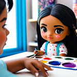 A professional artist, fully clothed in modest attire, meticulously hand-painting intricate facial details onto a small, partially customized LOL Surprise doll. The artist is seated at a clean, well-lit workbench, surrounded by various art supplies like fine paintbrushes, vibrant acrylic paints, and small polymer clay accessories. In the background, blurred yet visible, are shelves displaying several other unique, fully completed custom LOL Surprise dolls, each a distinct artistic creation. Professional photography, natural pose, perfect anatomy, correct proportions, well-formed hands, proper finger count, safe for work, appropriate content, family-friendly.
