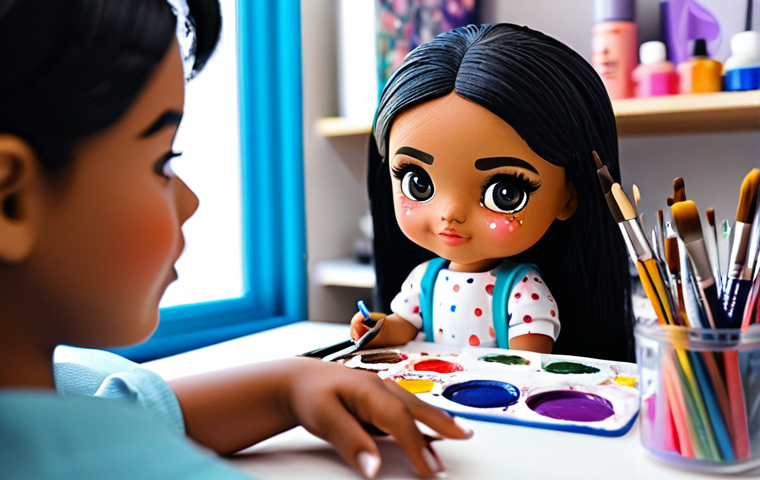 A professional artist, fully clothed in modest attire, meticulously hand-painting intricate facial details onto a small, partially customized LOL Surprise doll. The artist is seated at a clean, well-lit workbench, surrounded by various art supplies like fine paintbrushes, vibrant acrylic paints, and small polymer clay accessories. In the background, blurred yet visible, are shelves displaying several other unique, fully completed custom LOL Surprise dolls, each a distinct artistic creation. Professional photography, natural pose, perfect anatomy, correct proportions, well-formed hands, proper finger count, safe for work, appropriate content, family-friendly.