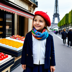 **

A young girl, approximately 8 years old, fully clothed in a stylish and age-appropriate "mode enfantine" outfit with a beret and a colorful scarf, standing in front of the Eiffel Tower. The background features a vibrant Parisian street scene with flower shops and patisseries. Safe for work, appropriate content, professional quality, perfect anatomy, natural proportions, family-friendly, modest clothing.

**
