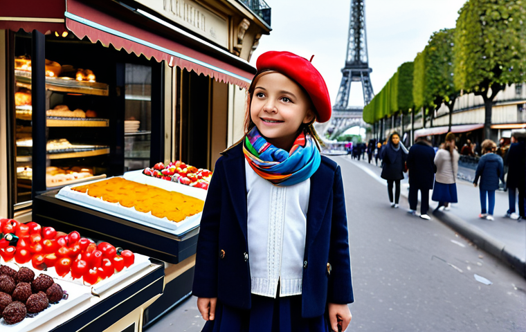 **
A young girl, approximately 8 years old, fully clothed in a stylish and age-appropriate "mode enfantine" outfit with a beret and a colorful scarf, standing in front of the Eiffel Tower. The background features a vibrant Parisian street scene with flower shops and patisseries. Safe for work, appropriate content, professional quality, perfect anatomy, natural proportions, family-friendly, modest clothing.
**