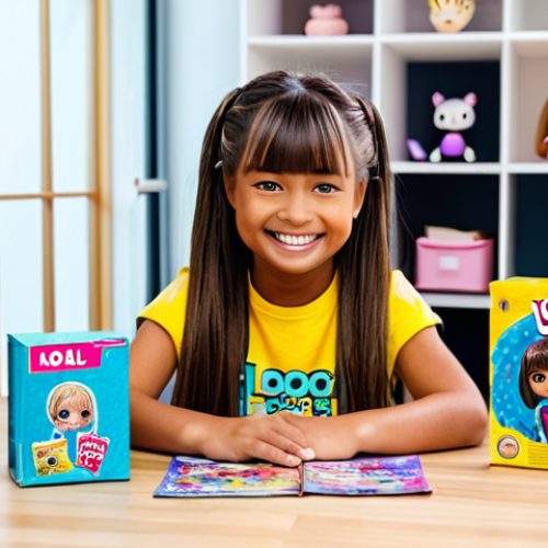 LOL Surprise Unboxing**

"A child (approximately 8 years old) with neatly styled hair, wearing a colorful, age-appropriate t-shirt and jeans, sitting at a table. In front of them is a brand new LOL Surprise doll still in its packaging. The child is smiling excitedly, ready to unbox the toy. The background is a bright, cheerful playroom with shelves filled with other toys. safe for work, appropriate content, fully clothed, professional photography, perfect anatomy, natural proportions, family-friendly."

**
