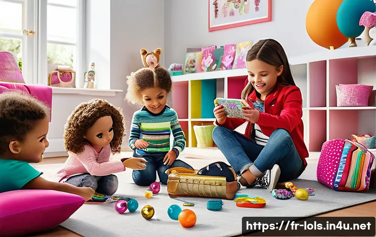 LOL 서프라이즈를 이용한 다양한 놀이 아이디어 - A vibrant and playful indoor scene showing children aged 6-10 years engaging in an interactive treas...