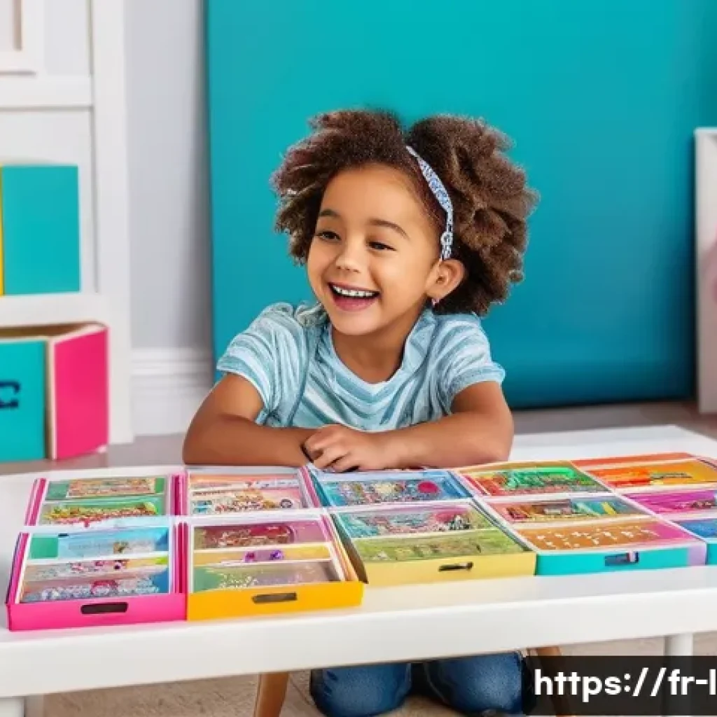 LOL 서프라이즈 장난감의 전용 수집 앨범 - A vibrant, colorful children’s playroom scene featuring a kid happily organizing a LOL Surprise albu...