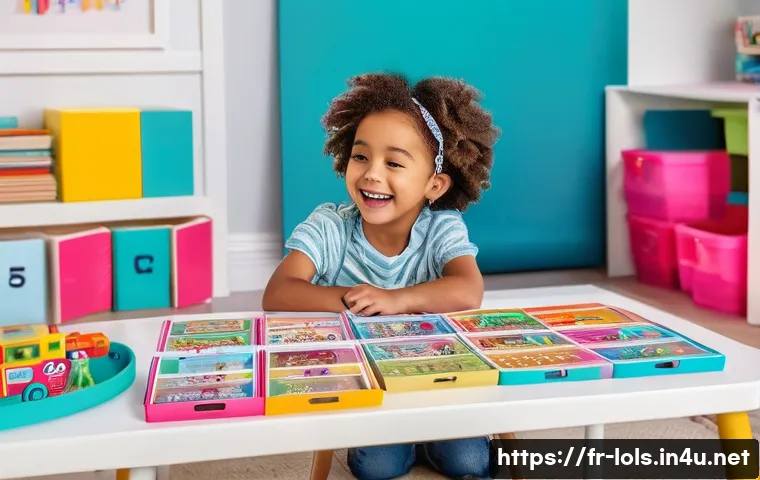 LOL 서프라이즈 장난감의 전용 수집 앨범 - A vibrant, colorful children’s playroom scene featuring a kid happily organizing a LOL Surprise albu...