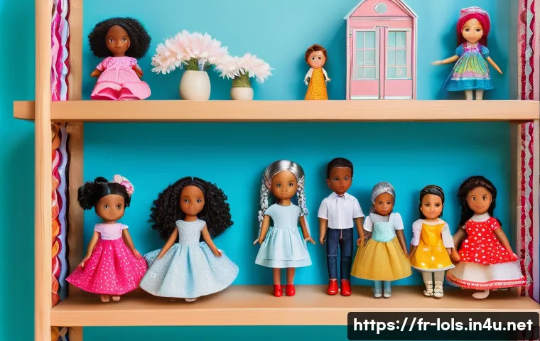 LOL 서프라이즈 관련 상품 컬렉션 - A diverse collection of dolls displayed on a wooden shelf in a bright, cozy French children's playro...