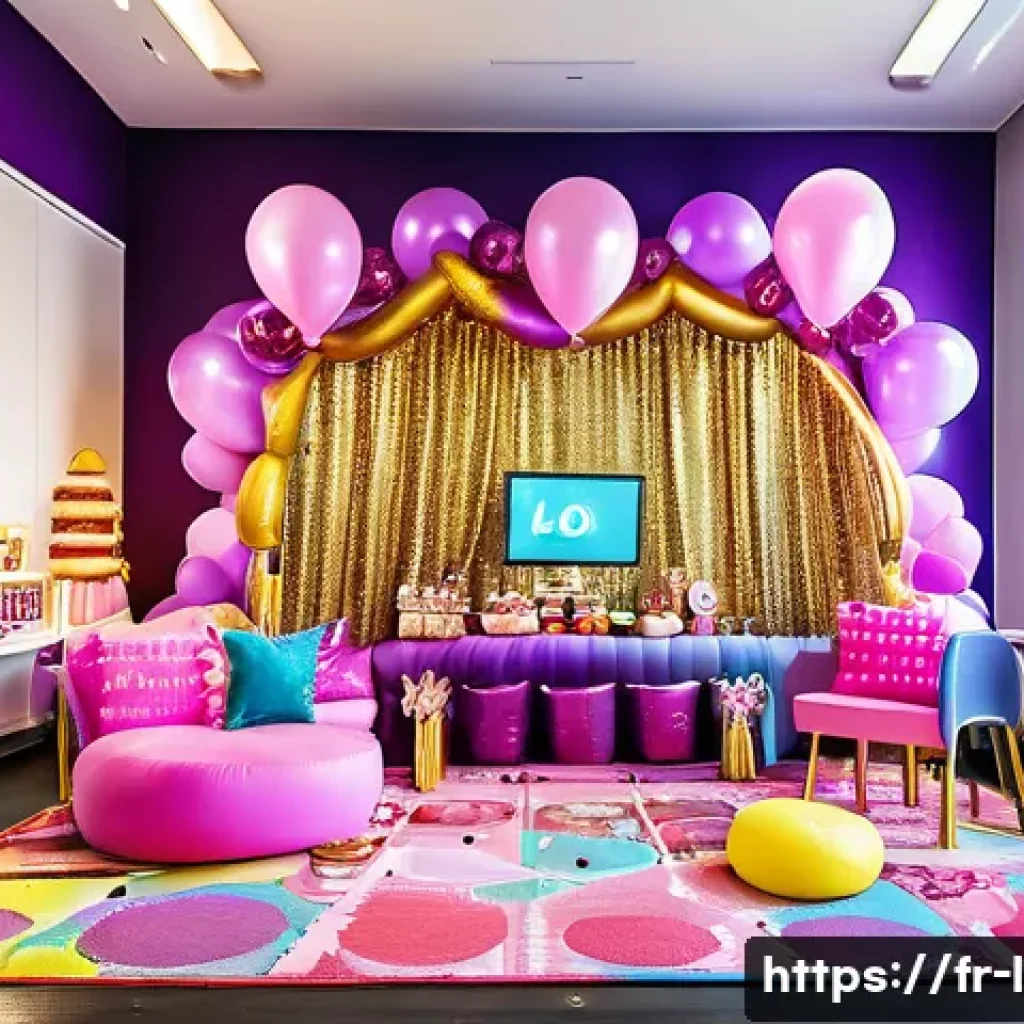 LOL 서프라이즈를 이용한 생일파티 아이디어 - A vibrant and festive children's party room decorated with bright fuchsia pink, purple, and gold col...