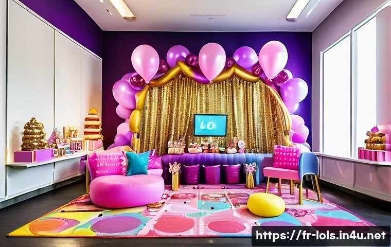 LOL 서프라이즈를 이용한 생일파티 아이디어 - A vibrant and festive children's party room decorated with bright fuchsia pink, purple, and gold col...