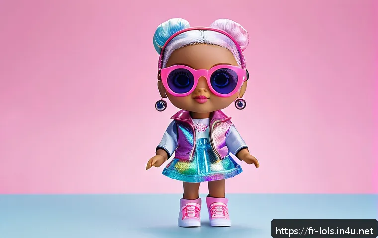 LOL 서프라이즈의 캐릭터별 디자인 평가 - A detailed, vibrant LOL Surprise doll with a futuristic theme, wearing colorful, high-tech patterned...