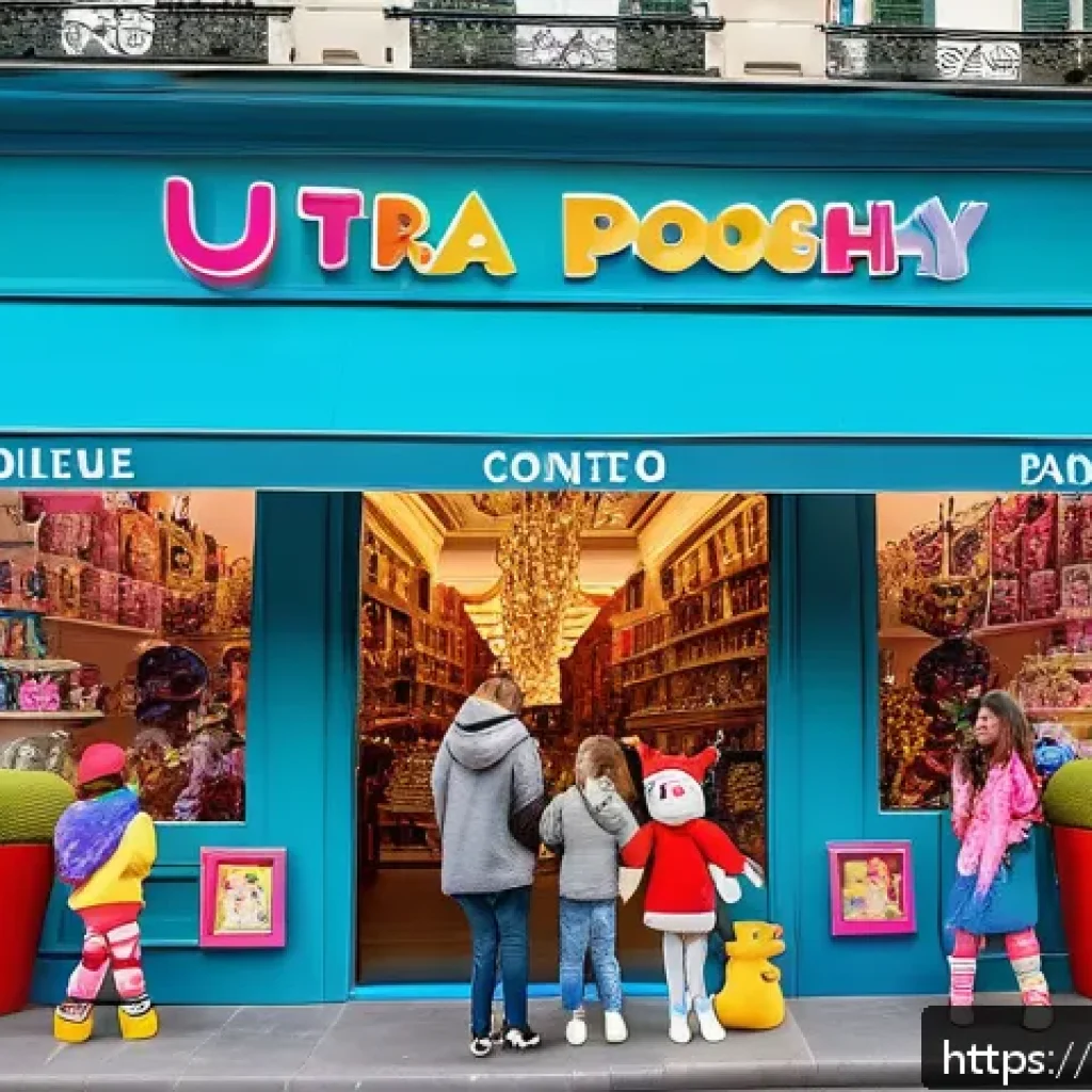 LOL 서프라이즈의 글로벌 이벤트 홍보 사례 - A vibrant pop-up store event scene in Paris with excited families and children unboxing LOL Surprise...