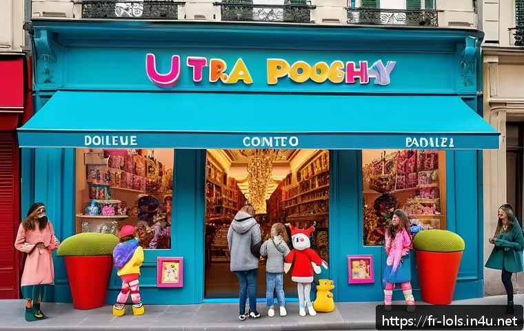 LOL 서프라이즈의 글로벌 이벤트 홍보 사례 - A vibrant pop-up store event scene in Paris with excited families and children unboxing LOL Surprise...