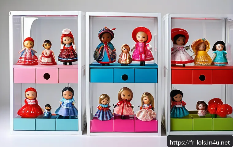 LOL 서프라이즈와 연계된 다양한 장난감 시리즈 - A vibrant and detailed scene featuring a diverse collection of colorful surprise dolls and accessori...